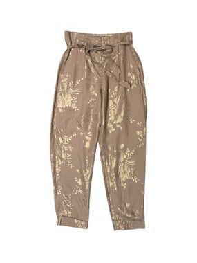 TRISTAN Linen Gold Metallic Floral Paperbag Pants High Waist Belted Small/Medium